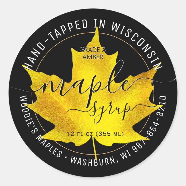 State Name Fancy Font Maple Syrup Yellow Leaf      Classic Round Sticker (Front)