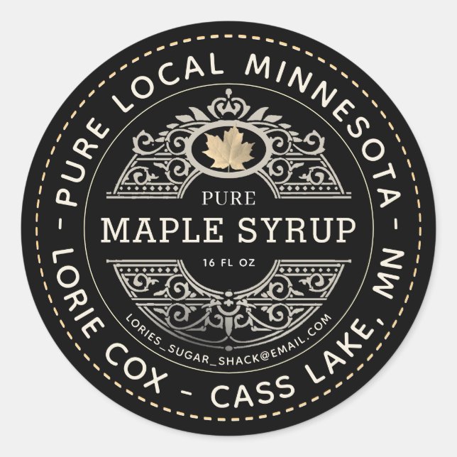 State Name Gold Leaf Maple Syrup Black  Classic Round Sticker (Front)