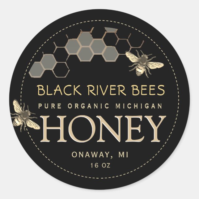 State Name Honey Label Bees and Honeycomb Black (Front)