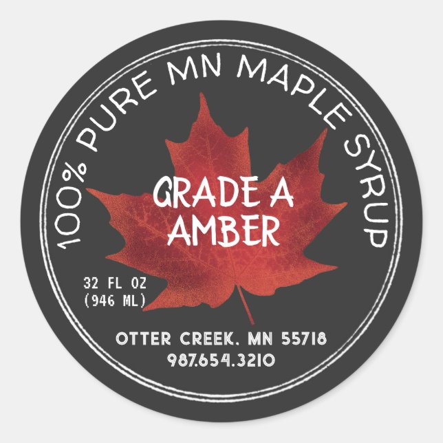 State Name Maple Syrup Chalkboard Style Red Leaf Classic Round Sticker (Front)