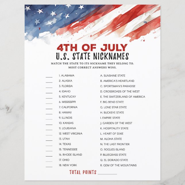State Nickname 4th of July Party Game (Front)