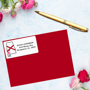 State of Alabama Flag with State Flower Camellia Label