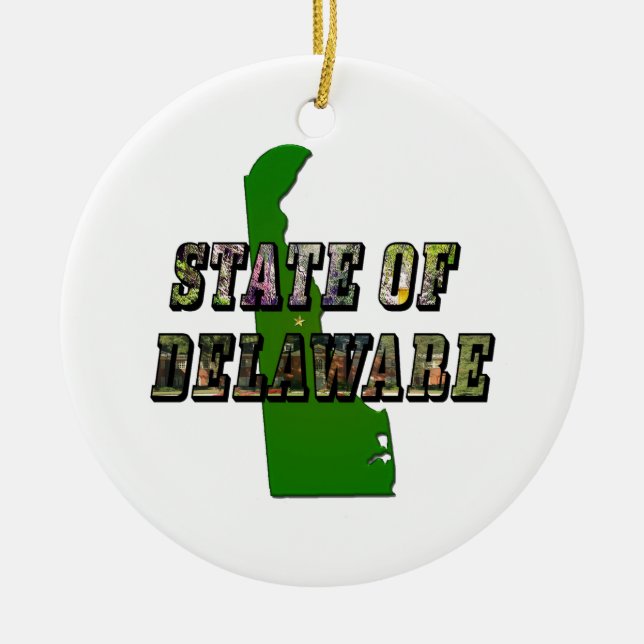 State of Delaware Picture Text & Map Outline Ceramic Tree Decoration (Front)