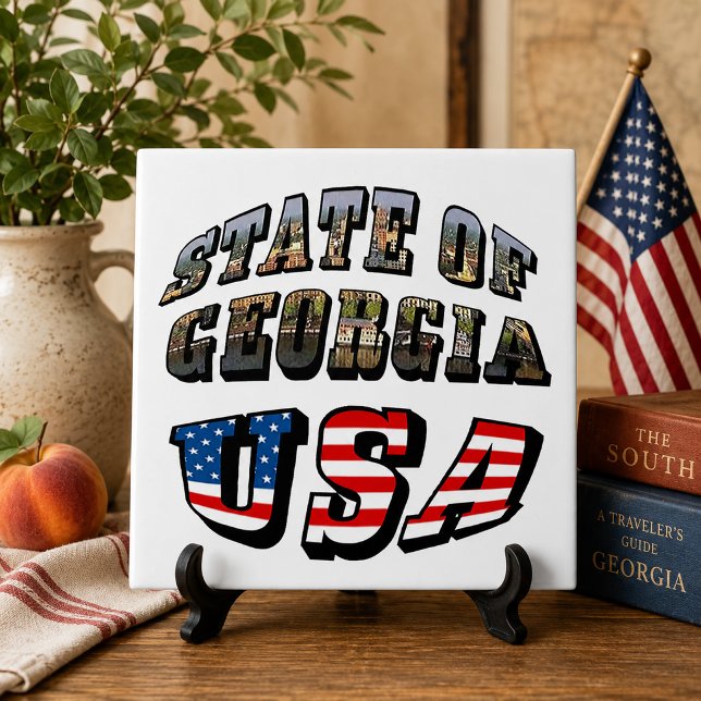 State of Georgia and USA Flag Text Tile (State of Georgia and USA Flag Text Ceramic Tile)