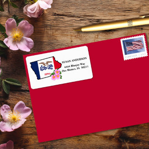 State of Iowa Flag with State Flower Prairie Rose Label