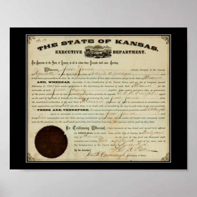 State of Kansas 1875 Jesse James Extradition Order Poster (Front)