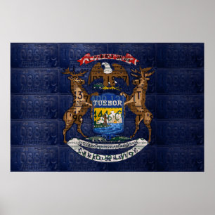 State of Michigan Flag Recycled License Plate Art Poster