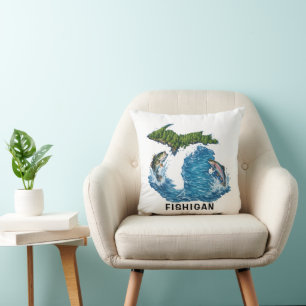 State of Michigan Graphic with Fish Cushion