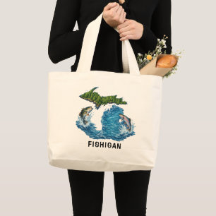 State of Michigan Graphic with Fish Large Tote Bag