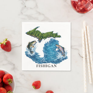 State of Michigan Graphic with Jumping Fish Napkin