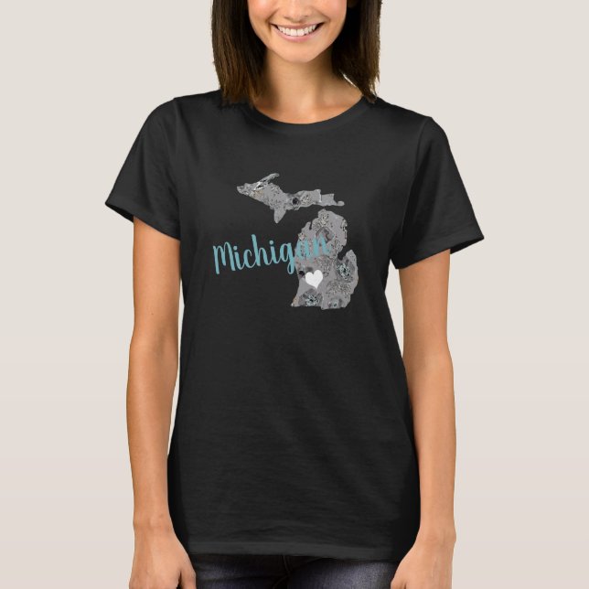 State Of Michigan Grey Blue Poppies Floral Pattern T-Shirt (Front)