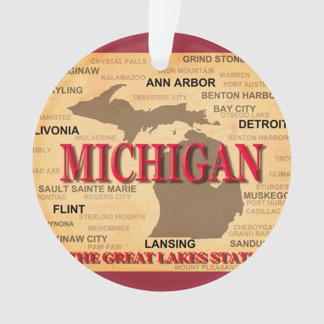 State Of Michigan Map, Detroit, Lansing Ornament (Front)