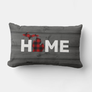state of Michigan outline in buffalo plaid on wood Lumbar Cushion