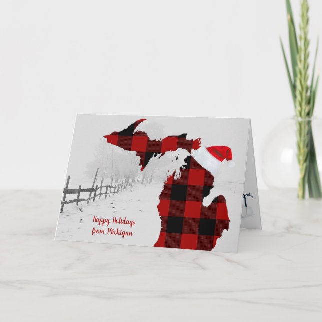 state of Michigan with buffalo plaid and Santa cap Card (Front)