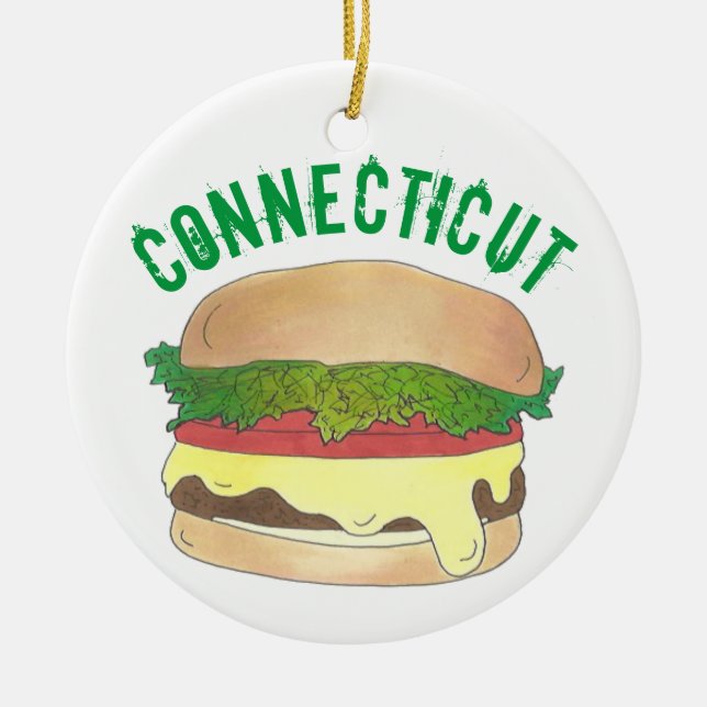 State Pride CT Connecticut Steamed Cheese Burger Ceramic Tree Decoration (Front)