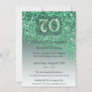 Stately 70th Birthday Emerald Green Glitter Invitation