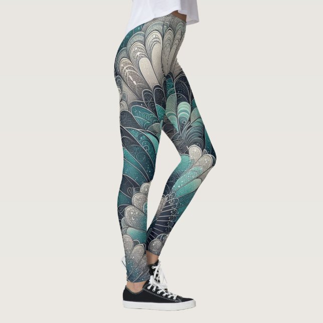 Statement Art Nouveau Blue Silver Fans Leggings (Right)