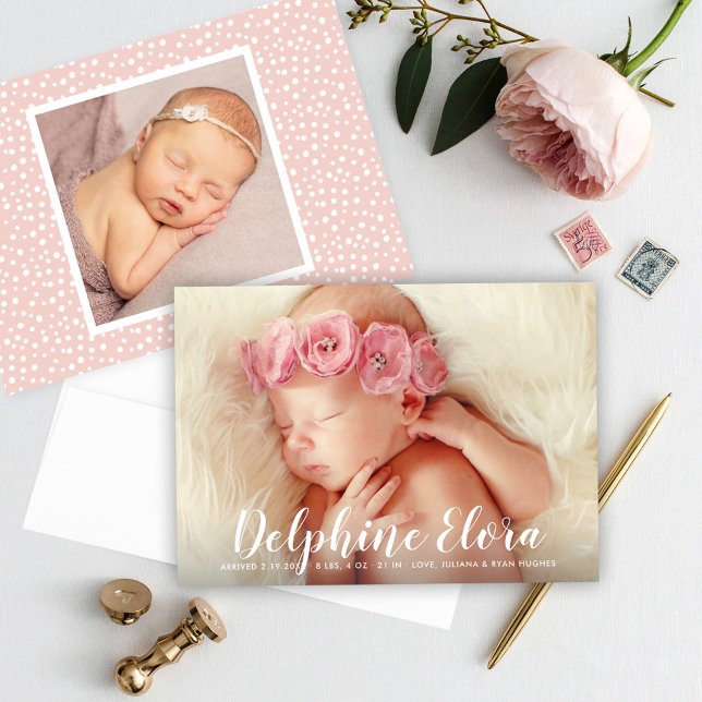 Statement Name White Script Baby Girl Photo Birth Announcement (Creator Uploaded)