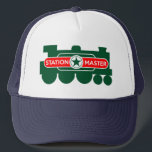 Station Master's Railway Train Trucker Hat<br><div class="desc">This fun Station Master's hat has a train with the title Station Master design. This railway hat makes a great gift for train enthusiasts,  railway enthusiasts or anyone who likes trains!  Train Driver's hat also available!</div>