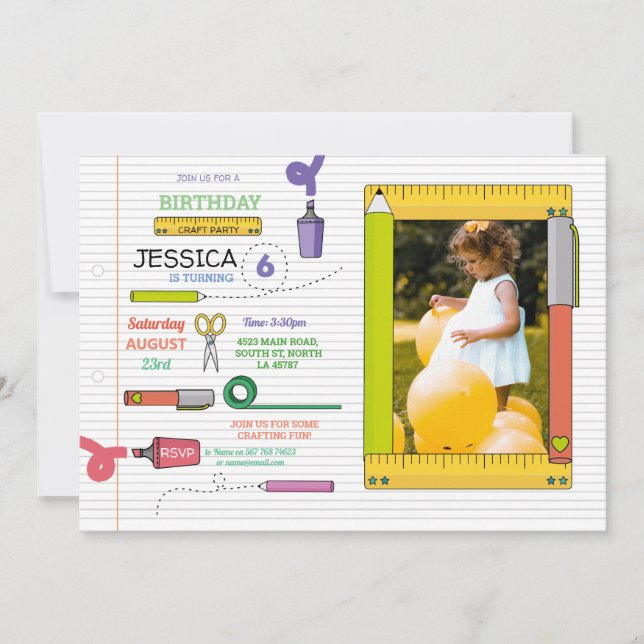 Stationary Party Craft Pens Art Photo Birthday Invitation (Front)