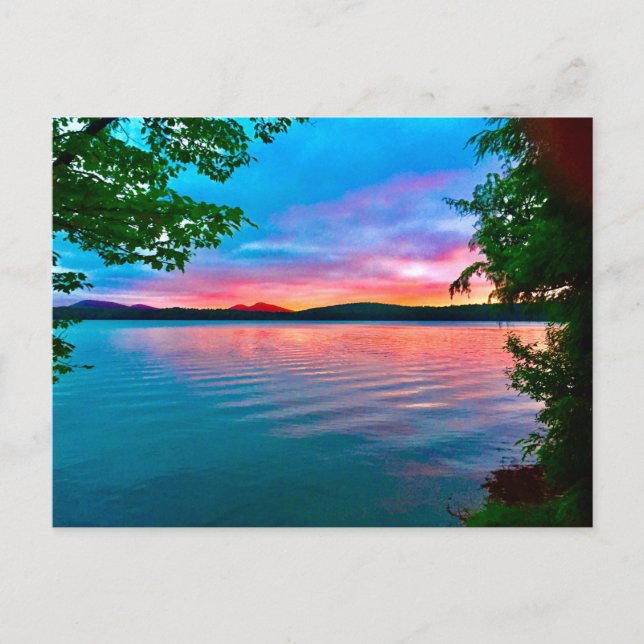 stationary, pink and blue sunset on lake postcard (Front)