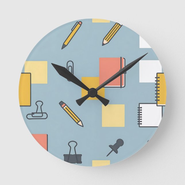 Stationery Chaos Pencils Notebooks Sticky Notes  Round Clock (Front)