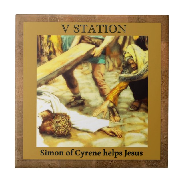 Stations of the Cross #5 of 15 Simon Cyrene Tile (Front)