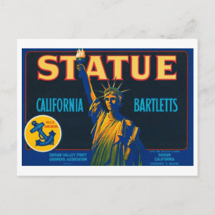 Statue California Bartletts Vintage Crate Label Postcard