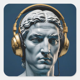 Statue in marble headphones navy blue, greek square sticker