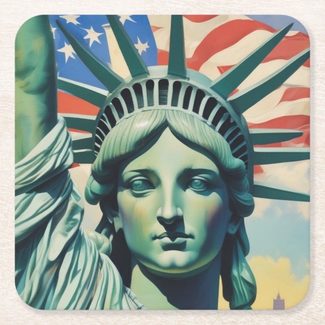 Statue of Liberty & American Flag Art New York Square Paper Coaster (Front)