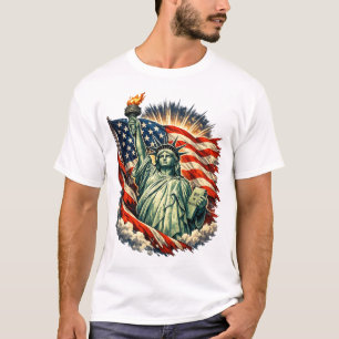 Statue of Liberty & American Flag Patriotic Art T-Shirt