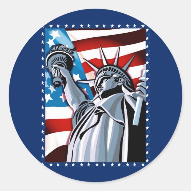 Statue of Liberty and American Flag Classic Round Sticker (Front)