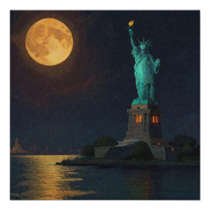 Statue of Liberty and Full Moon Poster