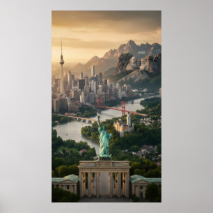 Statue of Liberty and Global Landmarks Fantasy  Poster