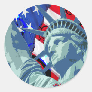 Statue of Liberty and Patriotic American Flag Classic Round Sticker