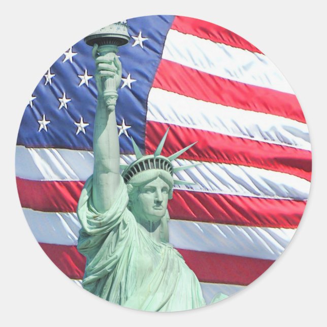 Statue of Liberty and U.S. Flag Classic Round Sticker (Front)