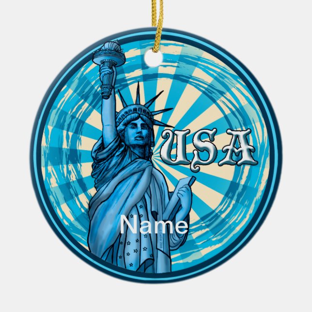 Statue Of Liberty Blue USA Ceramic Tree Decoration (Front)
