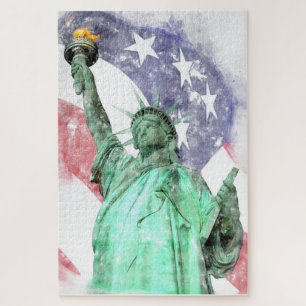 Statue of Liberty closeup with flag watercolor Jigsaw Puzzle