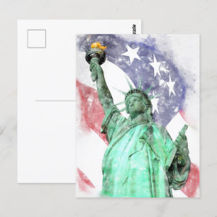 Statue of Liberty closeup with flag watercolor Postcard