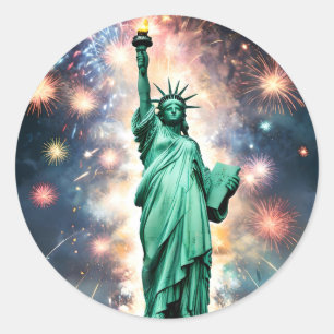 Statue Of Liberty Fireworks Independence Day, Classic Round Sticker