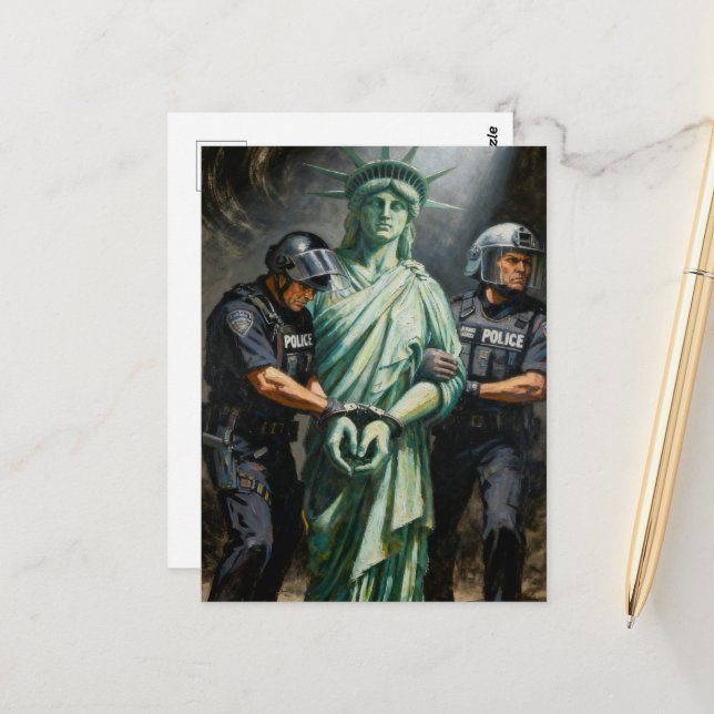 Statue of Liberty Gets Arrested Postcard (Front/Back In Situ)