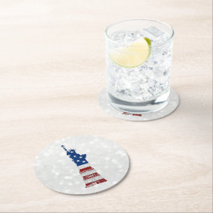Statue Of Liberty July 4th Glitter Round Paper Coaster