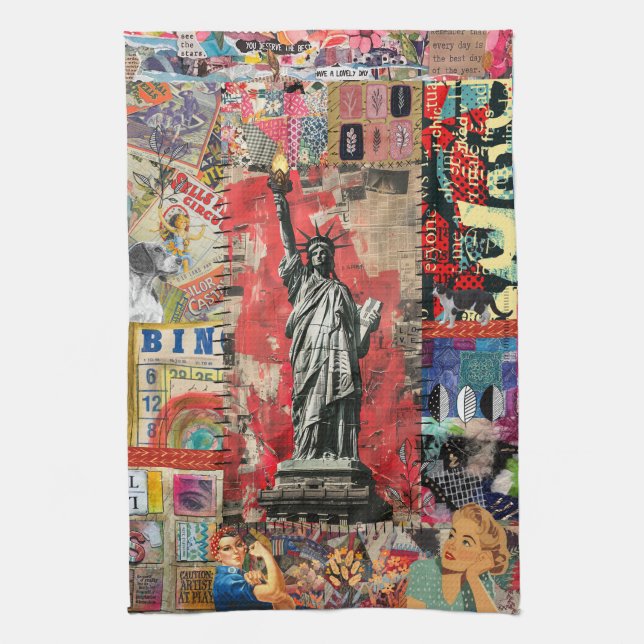 Statue of Liberty Mixed Media Collage Art Tea Towel (Vertical)