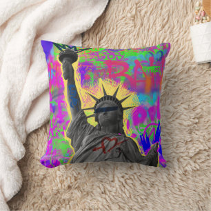 Statue of Liberty - Neon Graffiti Collage Cushion