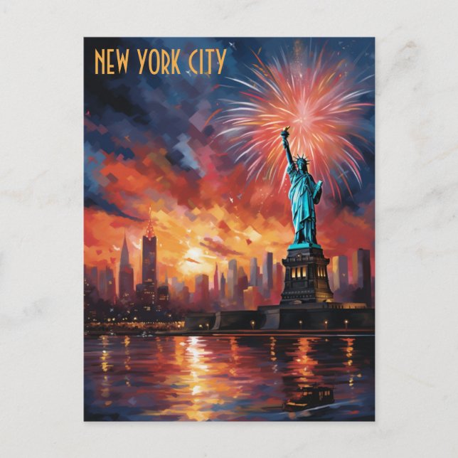 Statue of Liberty New York City Fireworks Travel Postcard (Front)