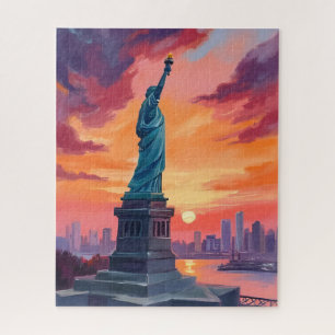 Statue of Liberty NYC Skyline Sunset Watercolor Jigsaw Puzzle