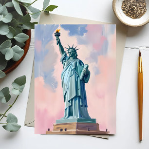 Statue of Liberty Pastel Sunset NYC Watercolor Postcard
