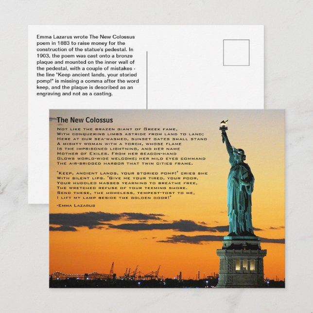 Statue of Liberty Poem, The New Colossus Postcard (Front/Back)