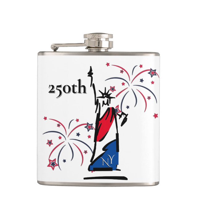 Statue of Liberty w/ Fireworks 250th Independence Hip Flask (Front)