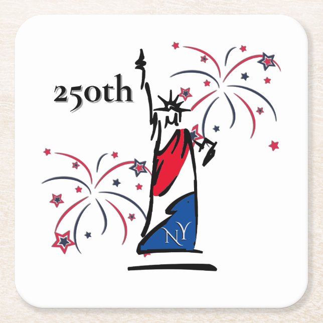 Statue of Liberty w/ Fireworks 250th Independence Square Paper Coaster (Front)